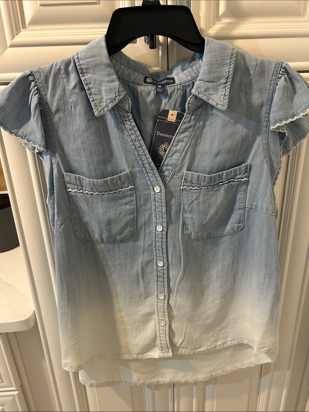 Democracy Light Blue to Cream Ombre Short Sleeve Button-Down Top